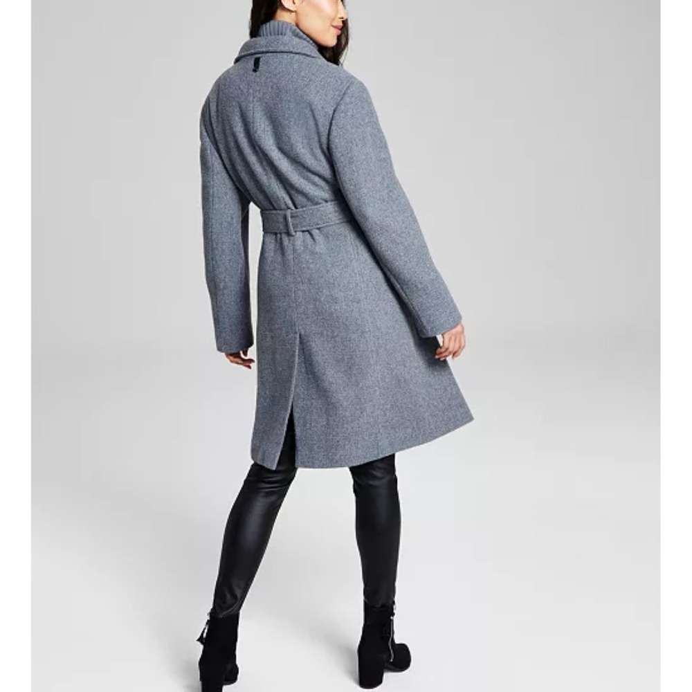 Calvin Klein Grey Women's Wool Blend Angled Twill Wrap Belted Coat Size XS - Picture 2 of 15